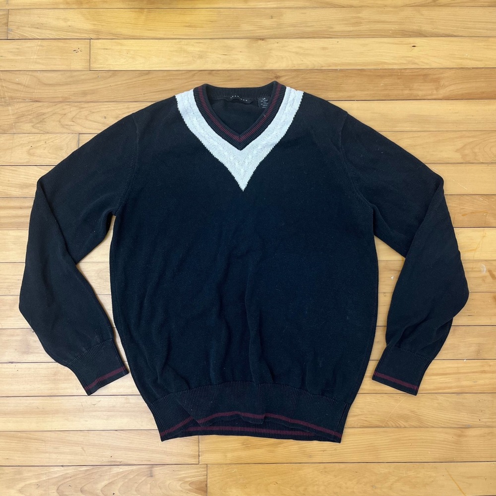 Sean John Mens V-Neck Sweater Black White Chevron Trim Cotton Blend Large L/G